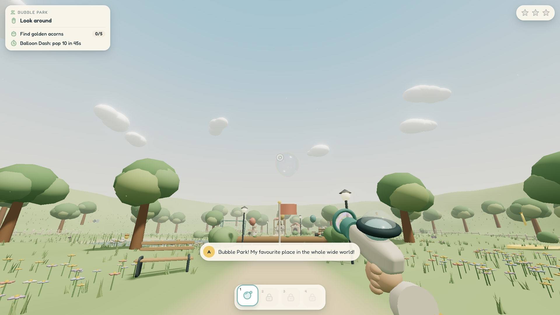 Bubble Park: a sunny park path lined with trees, with bubbles floating from Ace’s bubble blaster.