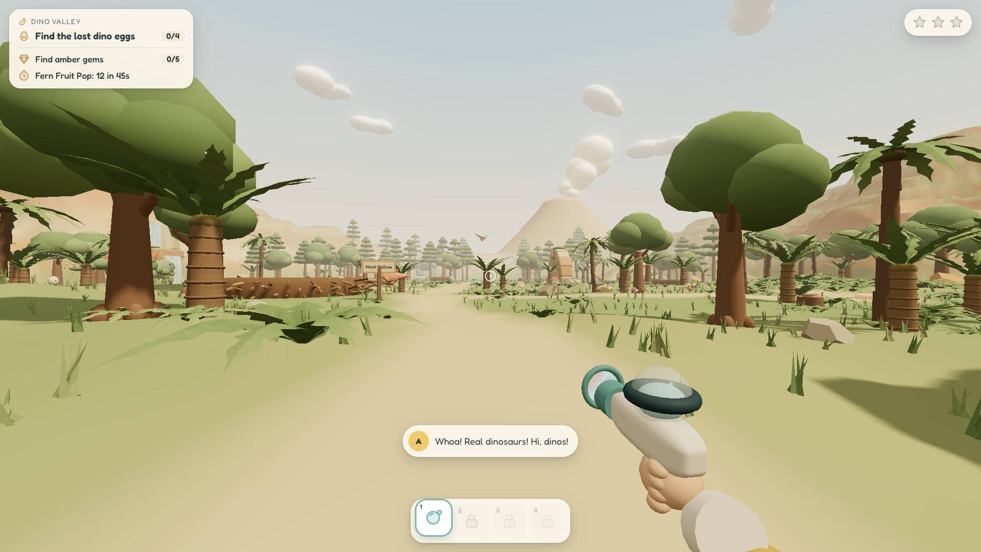 Dino Valley: a sandy path through palm trees towards a smoking volcano, with the goal list in the corner.