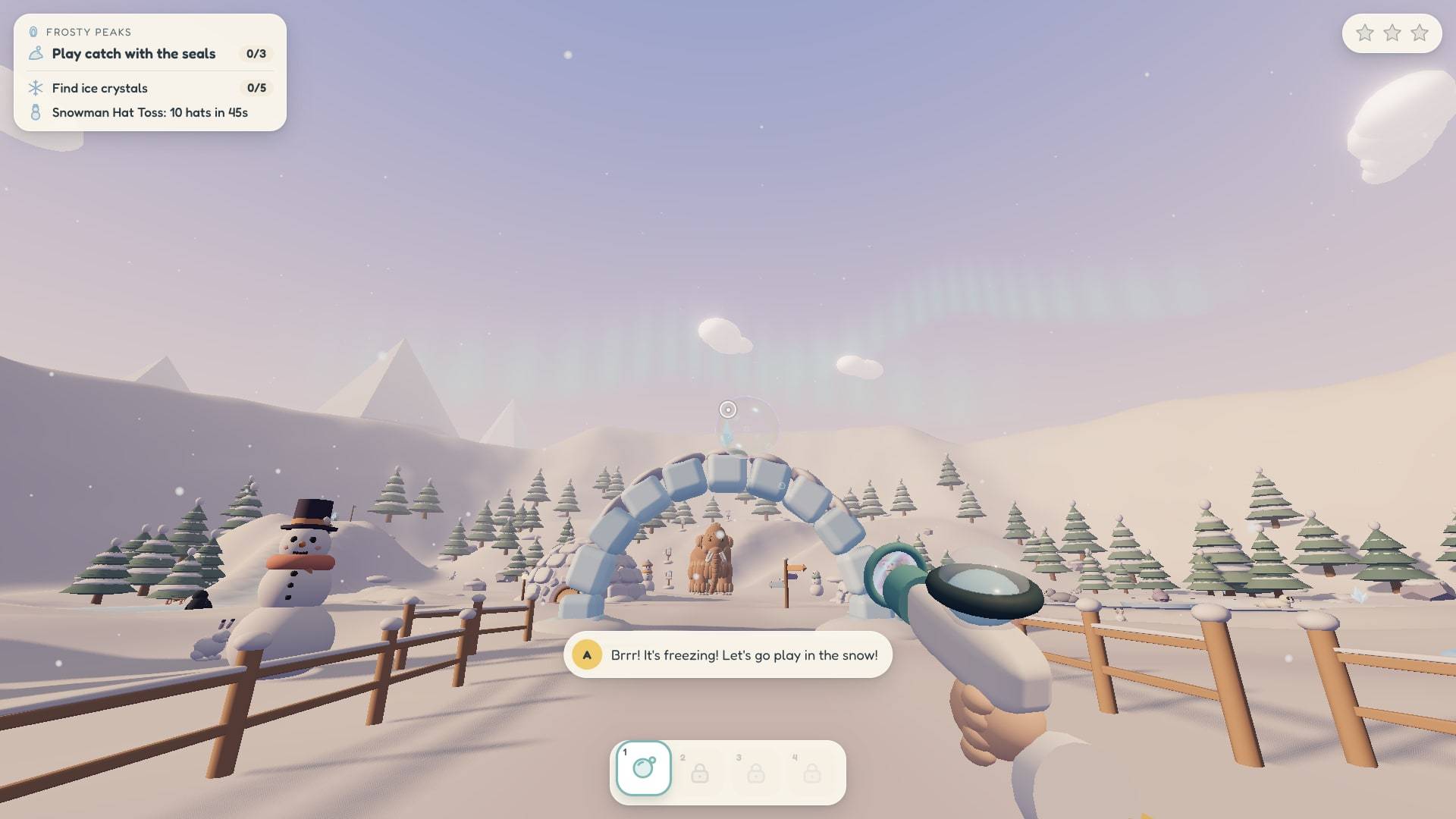 Frosty Peaks: a snowy field with a snowman, wooden fences and an ice arch under a pink sky.